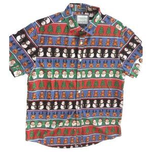 Denim & Flower Men's Medium‎ Short Sleeve Button Up Shirt Christmas Theme Cotton